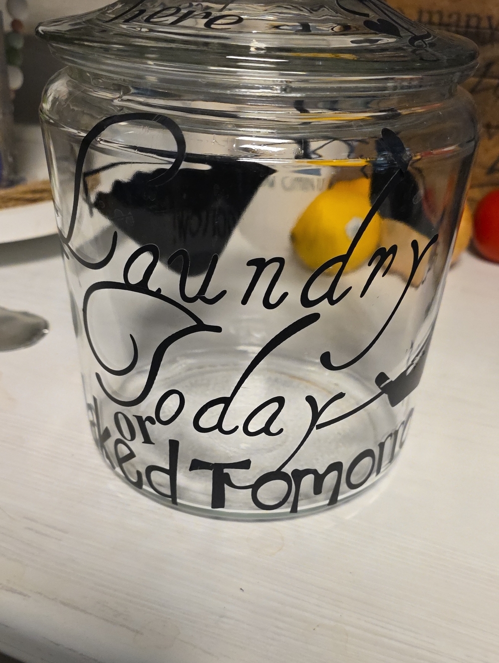 Clear Glass Laundry Jar with Black Script
